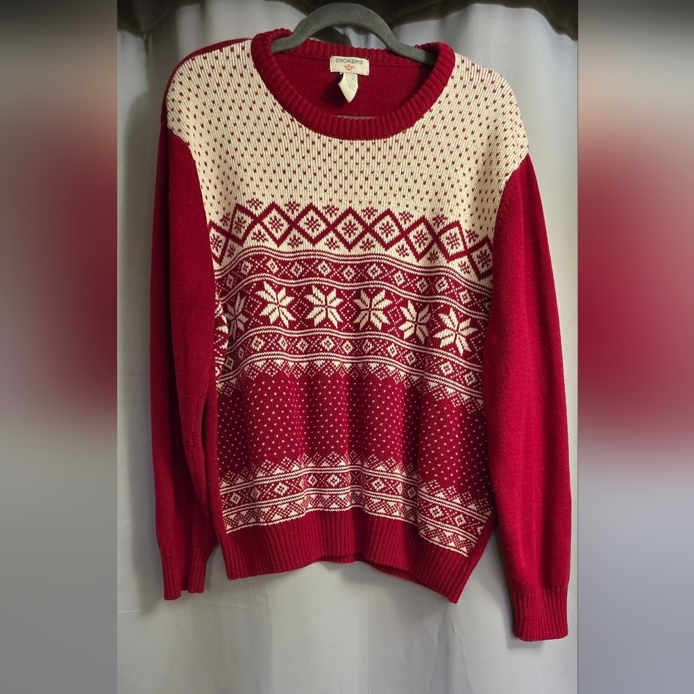 Dockers Christmas Red and Cream Patterned Crewneck Sweater